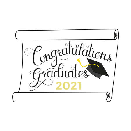 Class of 2021. Congratulations graduates   template with academic cap. Hand drawn graduation  gold design. Greeting card, party invitation, poster or stamp Vector illustrationのイラスト素材