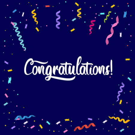 Congratulations colorful banner template. Flat style confetti background. Birthday, party, invitation vector illustration. Falling confetti and ribbons background for celebration and party.のイラスト素材