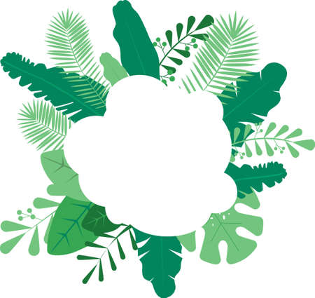 Summer background design template with handdrawn tropical leaves and blank space. Creative illustration for banner, logo, business, party ect. Vector flat style design.のイラスト素材