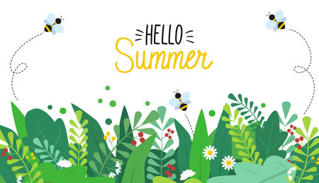 Summer background with colorful green leaves, bees and flowers on white background. Spring vector...