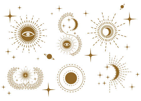Set of hand drawn mystical elements for card, banner,  sticker etc. Celestial objects boho collection isolated on white. Esoteric and witchcraft design elements. Astronomy vector illustrationのイラスト素材