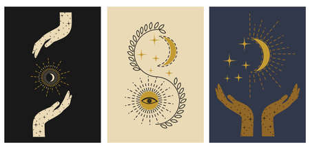 Mystery cards set. Hand drawn mystical design templates with hands, stars, moon, sun. Mysterious...