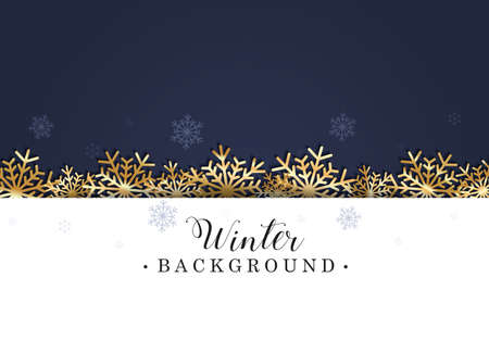 Winter background with golden snowflakes and navy blue bcakground. Elegant holiday design template for flyer, greeting card, invitation, party, banner, poster. Flat style Christmas vector illustrationのイラスト素材