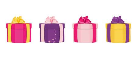 Various gift boxes set. Flat style colorful wrapped hexagon shape gift boxes vector illustration. Cartoon presents with different shapes, ribbons, bows and decorations isolated on white background.のイラスト素材