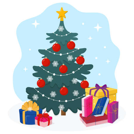 Decorated blue christmas tree with colorful presents, stars, ornaments. Flat style gift boxes under the Xmas tree. Merry Christmas and a happy new year cartoon vector illustration.のイラスト素材