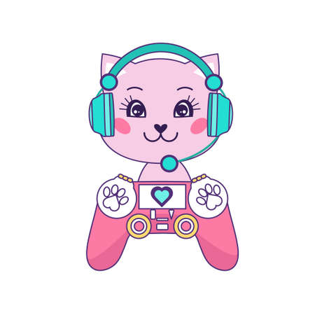 Gamer cat cute flat style vector illustration with kawaii cat, headphones and game controller. Gamer concept for print, textile, t-shirt, party, sticker, poster, kids party etc. Cartoon cat gamerのイラスト素材