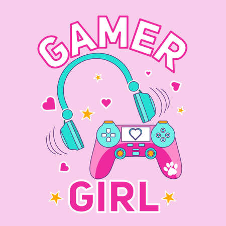 Gamer girl cute vector illustration with headphones, game controller, hearts and stars. Kawaii pink gamer girl vector illustration. Flat style gamer design for card, print, poster, textile etc.のイラスト素材