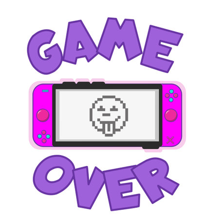 Game over cartoon vector illustration with pink game and watch retro controller and pixel face. Gamer quote flat style design for poster, print, card, sticker etc.のイラスト素材