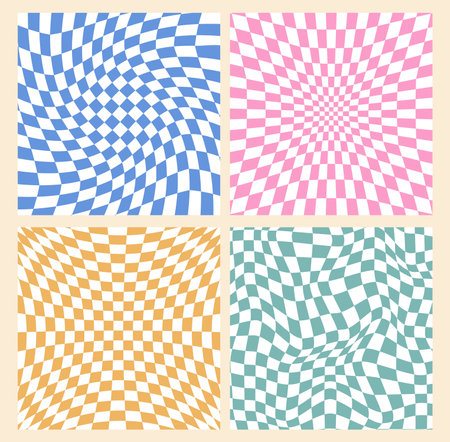 Trippy grid Groovy pattern set in pink, blue, yellow and green in the style of the 60s, 70s. Retro...