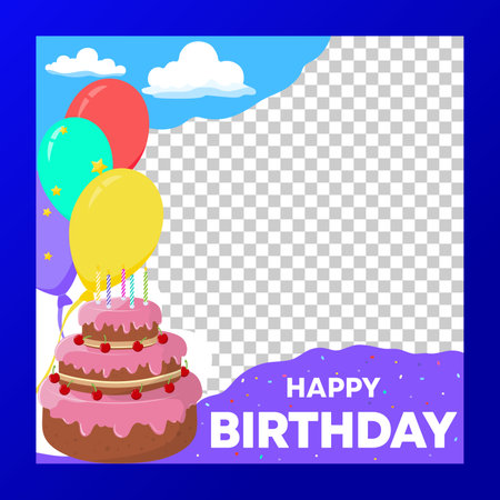 Happy Birthday.Bright frame for holiday party in cartoon style isolated on transparent background with cake,balloons on clouds background,confetti.For photo booth,cards,invitations.Vector illustrationのイラスト素材