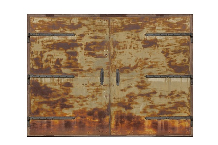 big old rusty metal gate with black hinges isolated on white background