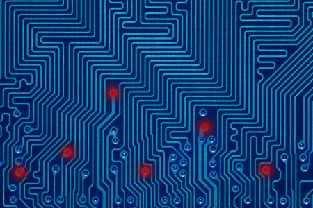 blue printed circuit board or abstract background with red lighting points