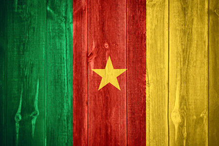 flag of Cameroon or Cameroonian banner on wooden backgroundの写真素材