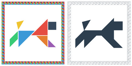 Tangram brain game dog riddle and answer flat color vector illustrationのイラスト素材