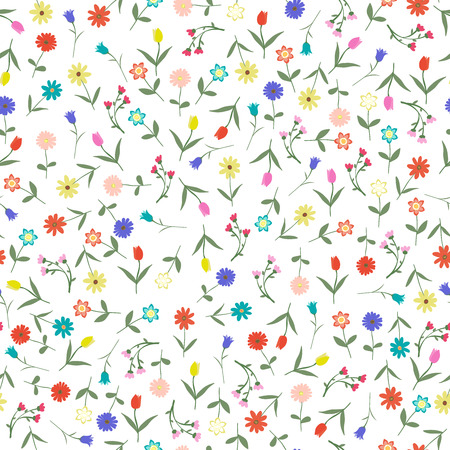 Seamles hand drawn floral pattern isolated on white background vector illustration. Many random flowers, many colors. Early spring or summer flowers set.のイラスト素材