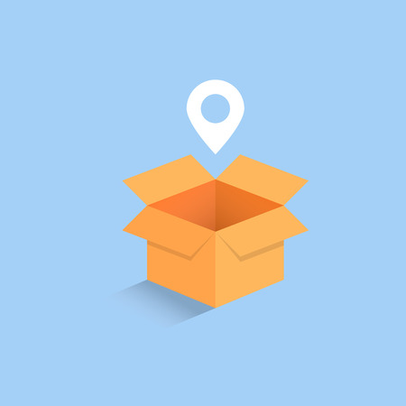 3d empty isometric cardboard opened box isolated on light blue background with map pointer delivery symbol concept vector illustrationのイラスト素材