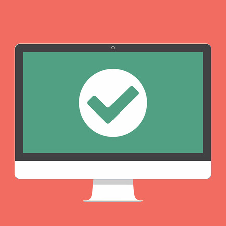 Modern electronic device - flat design monitor or All-in-one-PC vector illustration with check mark. OK or all right sign on the screenのイラスト素材