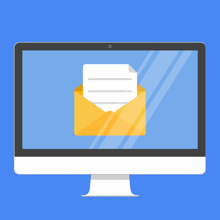 Modern electronic device - flat design monitor or All-in-one-PC vector illustration with envelope open paper sheet isolated on blue background. Technology concept of new message email postal symbol.のイラスト素材