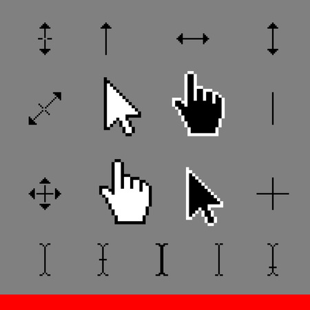 17 Classic pixel corsor icon set. Arrow, hand, drag hand, palm and support cursors icons vector illustrationのイラスト素材
