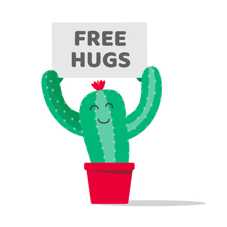 Cactus plant in the pot with plate free hugs flat style design vector illustration, isolated on white background. Green smiling cactus with thorns and flower on his head needs to hug! Cartoon and cute.のイラスト素材
