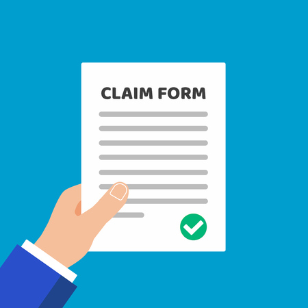 Hand hold page of paper with claim form to fill out, text and check markのイラスト素材