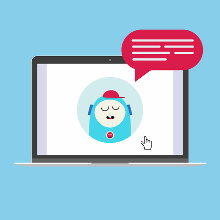 Modern device - laptop, notebook, netbook pc flat design with chat computer speak in the bubble popped on screen icon vector illustration. Technology concept of online chatting isolated on blue backgroundのイラスト素材
