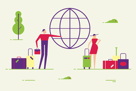 Couple of young female and male people. Man and woman with luggage are going to travel. Man choose the direction of traveling on the globe.のイラスト素材