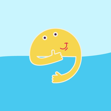 Good morning, rising sun with smile and thumb up. Sky, river, smiling sun and little shipのイラスト素材