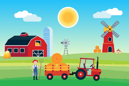 Village harvesting landscape poster, banner or wallpaper. The tractor with semi-trailer and hay bale, red barn with silo, windmill and mill with flour.のイラスト素材