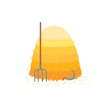 Dry pile of hay, sickle and hayfork vector illustration isolated on white backgroundのイラスト素材