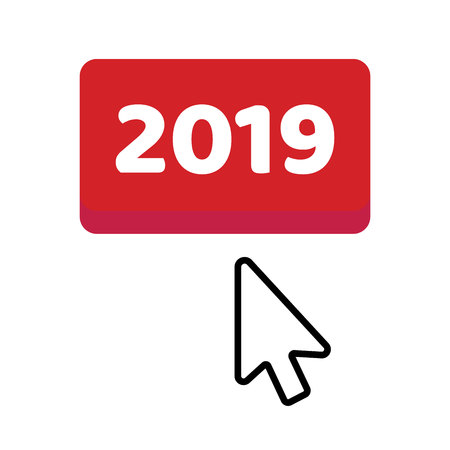 The button 2019 with arrow cursor pointer. Flat style design invitation to the xmas or new year party or event postcard vector illustration isolated on white background.のイラスト素材