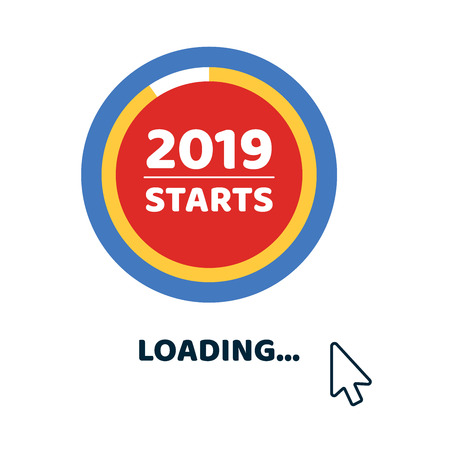 2019 almost starts loading page with rounded angles arrow cursor pointer. Flat style design invitation to the xmas or new year party event postcard vector illustration isolated on white background.のイラスト素材