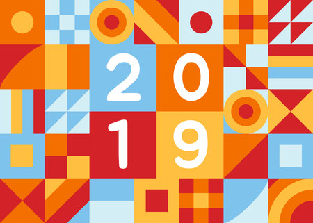 2019 happy new year of pig greeting postcard flat style design  illustration with geometric color...