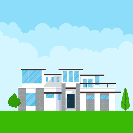 Modern house exterior with windows and shadows. Classic townhouse apartments. Fasade, green grass and trees. Cloudy sky.のイラスト素材
