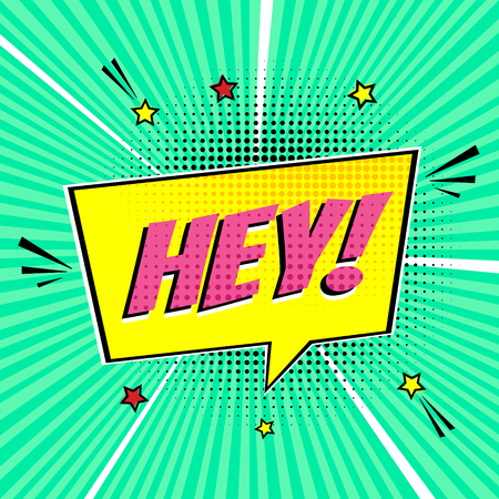 Comic lettering speech bubble for emotion with text HEY! comic style flat design. Dynamic pop art illustration isolated on green background. Voice exclamation HEY! concept.のイラスト素材