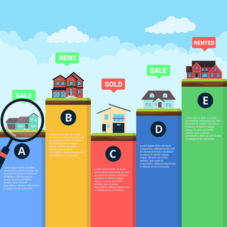 Houses infographic flat style design vector illustration. City infographic with grass and houses. Many places to live. Recomendation for selection. Real estate banner concept.のイラスト素材