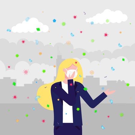 Bacterias and viruses in women. Mask as protection against bacterias and viruses concept flat style vector illustration isolated on city background.のイラスト素材