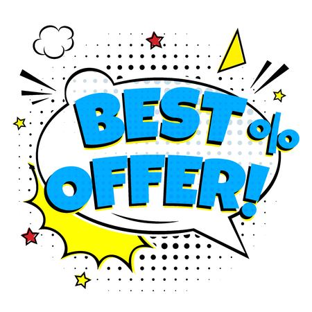 Pop art comic sale discount promotion banner. BEST OFFER! in the speech bubble comic style flat design. Dynamic retro vintage pop art illustration isolated on white background. Sticker or label.のイラスト素材