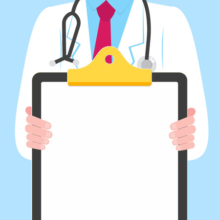 Close-up doctor with a clipboard without text. Clean paper for writing on blue background. Male man, hospital employee with stethoscope.のイラスト素材
