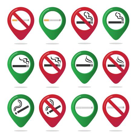 16 No smoking and smoking area marker in the forbidden red circle. Isolated on white background.のイラスト素材