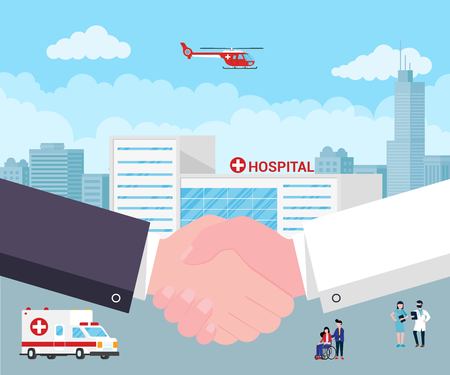 Hospital concept with building, doctor, nurse, patients, helicopter and ambulance car in flat style. Hospital building, ambulance car, helicopter and city behind.のイラスト素材