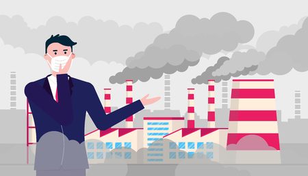 Confused man wearing mask against smog. Fine dust, air pollution, industrial smog protection concept flat style design vector illustration. Clouds of smoke behind.のイラスト素材