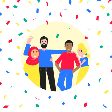 Happy friends from all around the World hugging, happy international friendship day flat style design character vector illustration isolated on white background. Diversity and no limits friendship.のイラスト素材