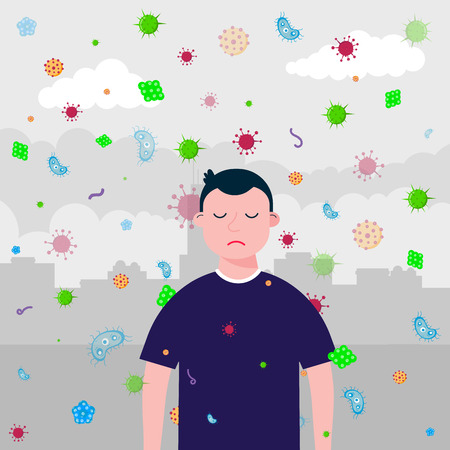 Sad boy no mask, bacterias and viruses. Mask as protection against bacterias and viruses concept flat style vector illustration isolated on city background.のイラスト素材