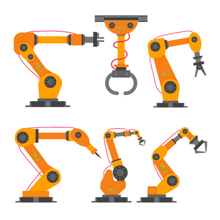 6 Robotic arm flat style design icons on white background. Robot arm or hand. Industrial robot manipulator. Modern smart industry 4.0 technology.のイラスト素材