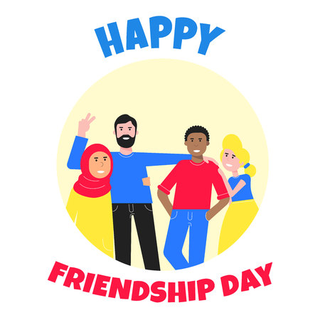 Happy friends from all around the World hugging, happy international friendship day flat style design character vector illustration isolated on white background. Diversity and no limits friendship.のイラスト素材