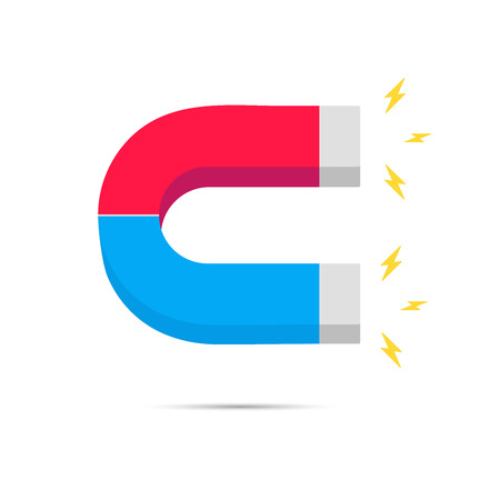 Red and blue horseshoe magnet icon sign. Magnetism, magnetize field symbol concept flat style design vector illustration isolated on white background.のイラスト素材
