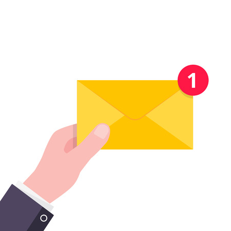 Hand hold yellow envelope letter with number 1 on it. E-mail concept new message or sms flat style design vector illustration isolated on white background. Message or sms delivering and notification.のイラスト素材