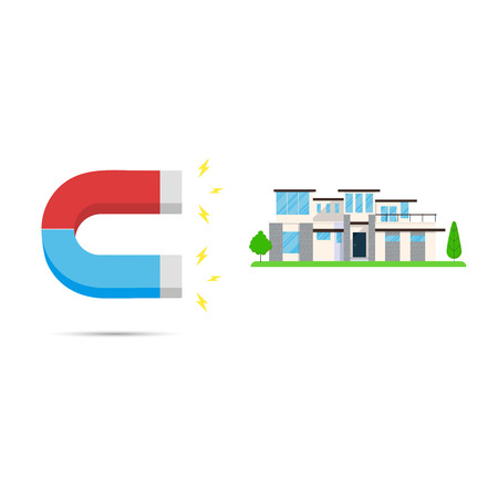 Red and blue horseshoe magnet icon sign attract house. Real estate concept flat style design vector illustration isolated on white background.のイラスト素材
