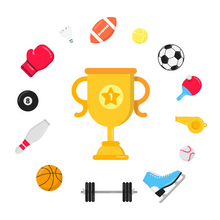 Sport gaming composition with balls - soccer, football, football. Trophy cup goblet tennis  racket around. Sport equipment flat style design vector illustration isolated on white.のイラスト素材
